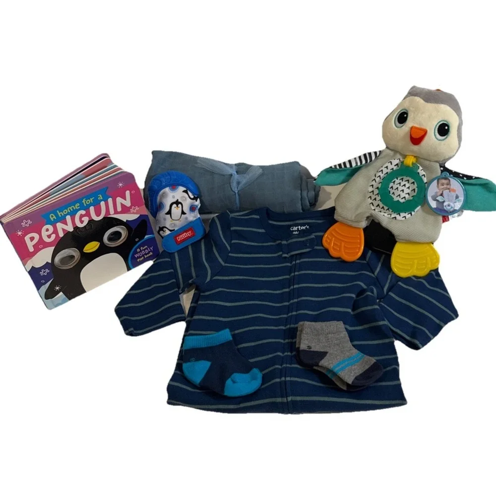 Baby Shower Animals Themed Gift Box, Penguin Book, Lovey Toy, Blanket & Clothes